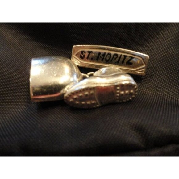 1960's Swiss St. Moritz Silver Tone Pin Working Bell & Hiking Boot Switzerland - Picture 2 of 5